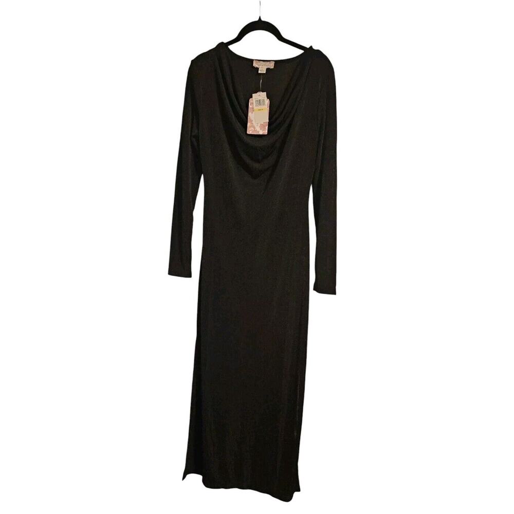 Band of the Free NWT Slinky Black Draped Neck Dress Side Slits Medium Stretch